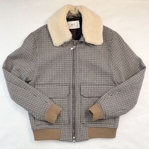 Mr P. Wool Houndstooth Black & Brown Bomber Jacket Removable Shearling Collar